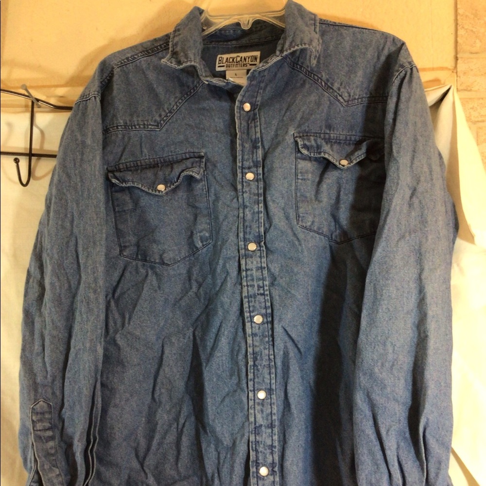 Mens Sz Lg BLACK CANYON OUTFITTERS Blue Long Sleeve Pearl Snap Front Shirt